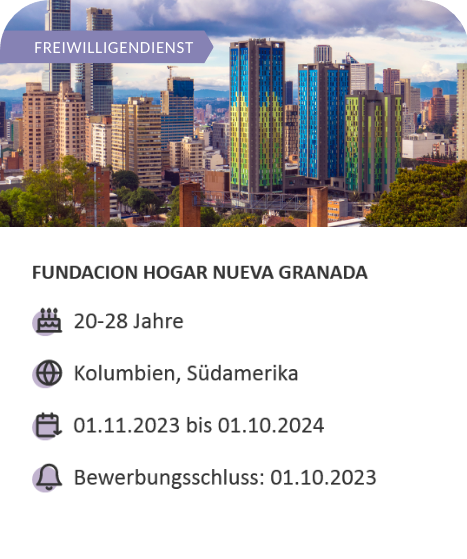 Angebot für ein Freiwilligendienst in Kolumbien vom 01.11.2023 bis 01.10.2024. Bewerbungsschluss ist der 01.10.2023.