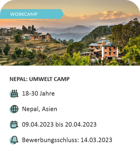 Angebot für ein Workcamp in Nepalüdafrika vom 09.04.2023 bis 20.04.2023. Bewerbungsschluss ist der 14.03.2023.